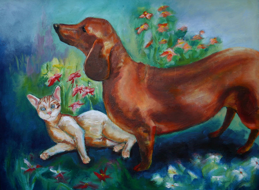 Dog and Cat In The Garden Painting by Carol Jo Smidt