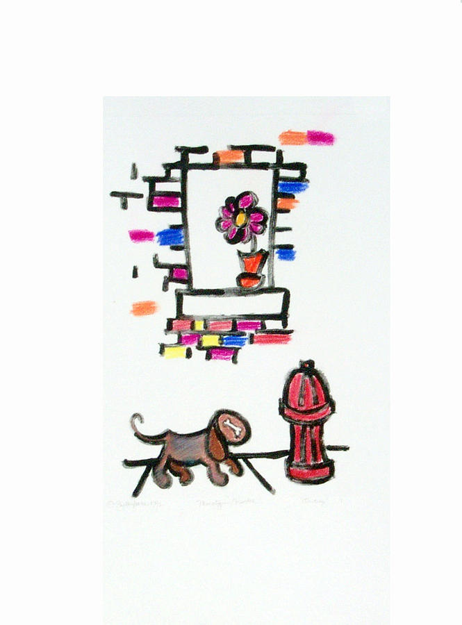 Dog and the Hydrant Mixed Media by Shelley Overton