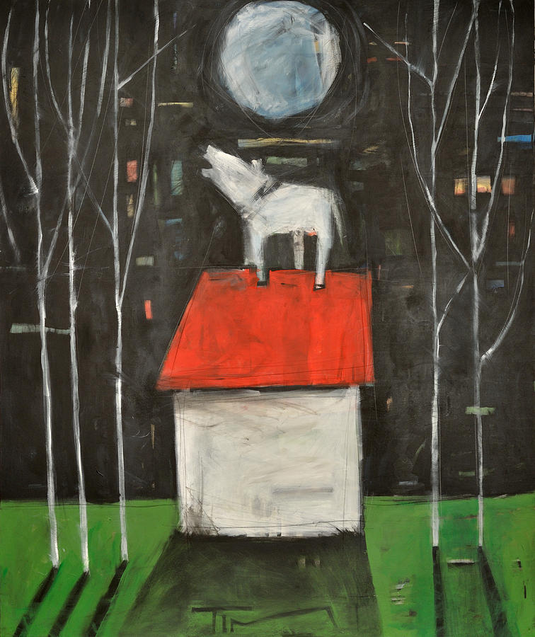 Dog On House Howls At Moon Painting by Tim Nyberg