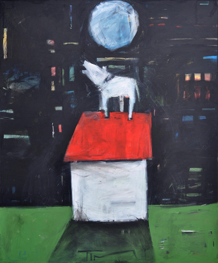 Dog On Roof Howls At Moon Painting by Tim Nyberg