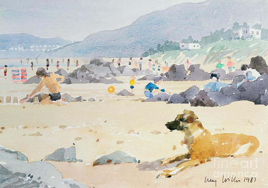 Dog on the Beach Woolacombe Painting by Lucy Willis