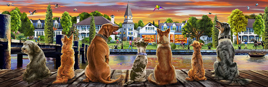 Sunset Drawing - Dogs on the Quay Variant 1 by MGL Meiklejohn Graphics Licensing