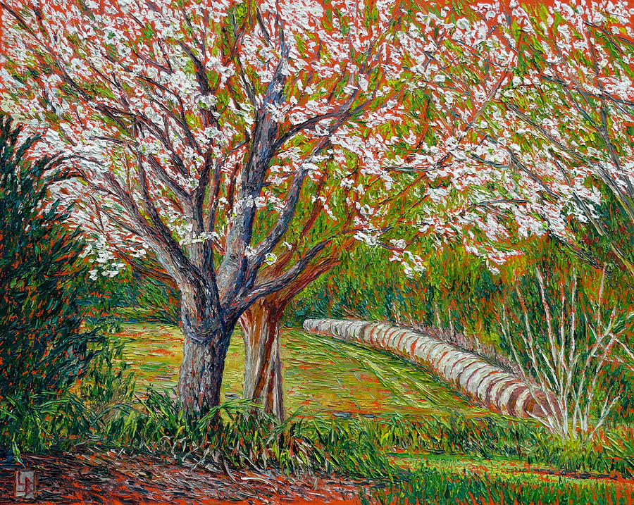 Spring Painting - Dogwood and Hayfield by Linda J Bean