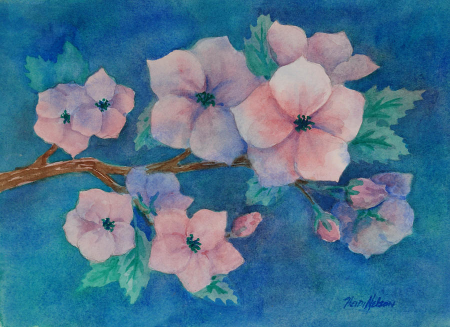 Dogwood blossoms on Blue Painting by Heidi E Nelson