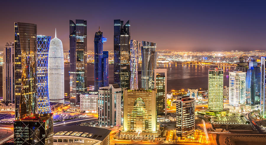 Doha Skyline Panorama, Qatar Cityscape from Above at Night Photograph by Mlenny