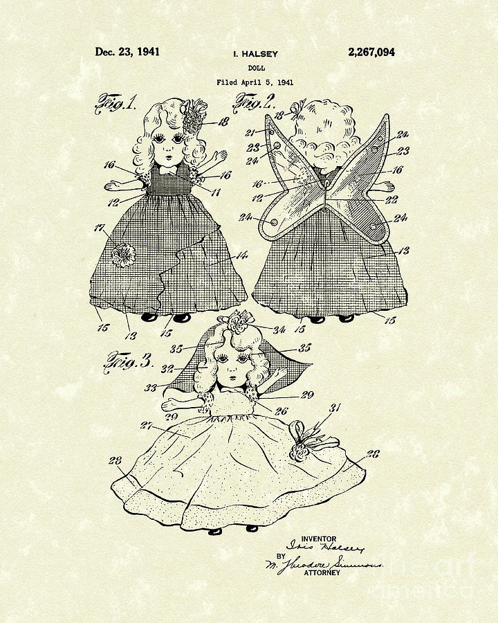 Doll 1941 Patent Art Drawing by Prior Art Design
