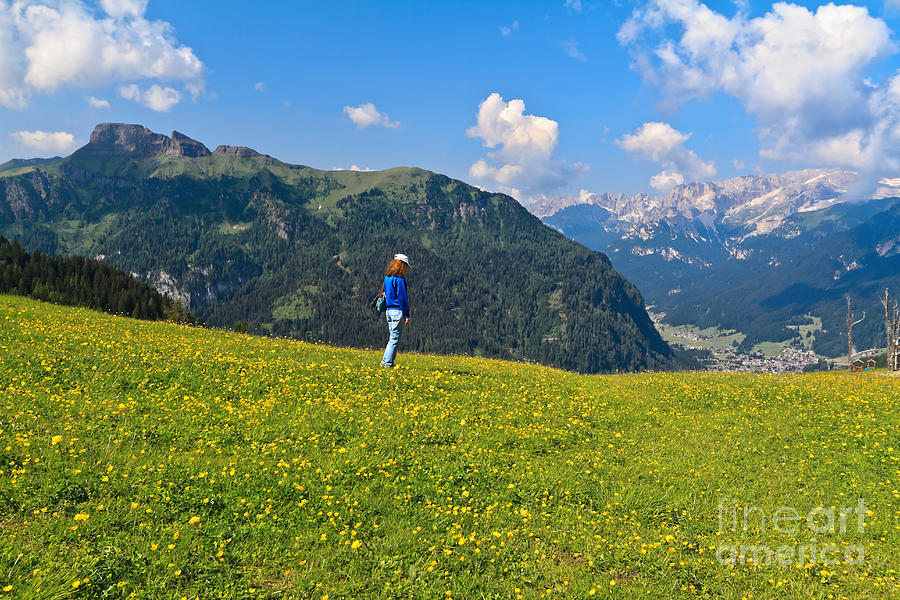 Dolomites - hiker on flowered meadow Photograph by Antonio Scarpi