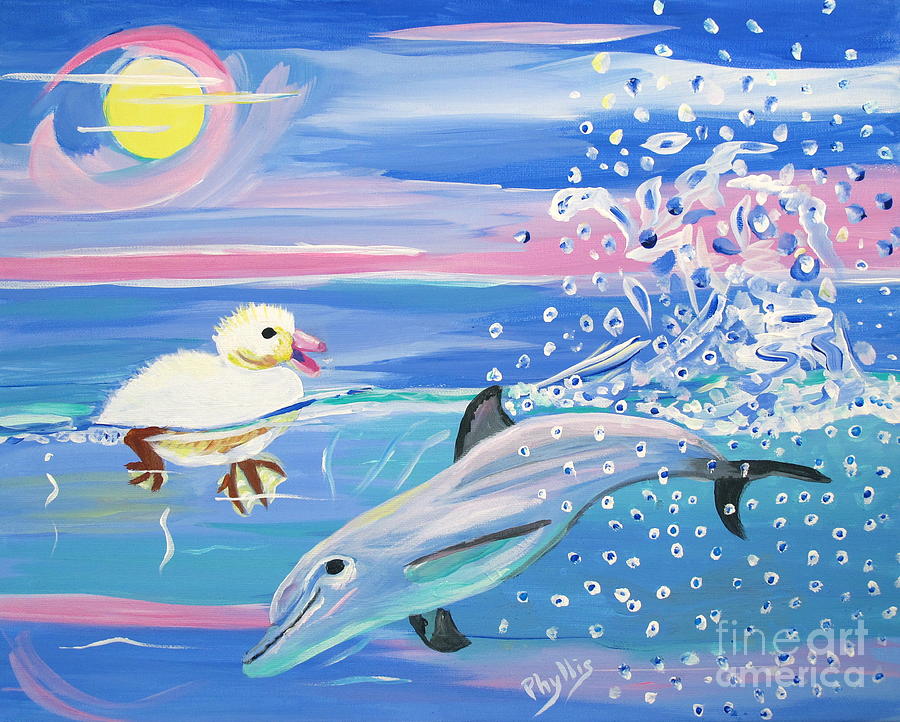 Dolphin Plays with Duckling Under the Moon Painting by Phyllis Kaltenbach