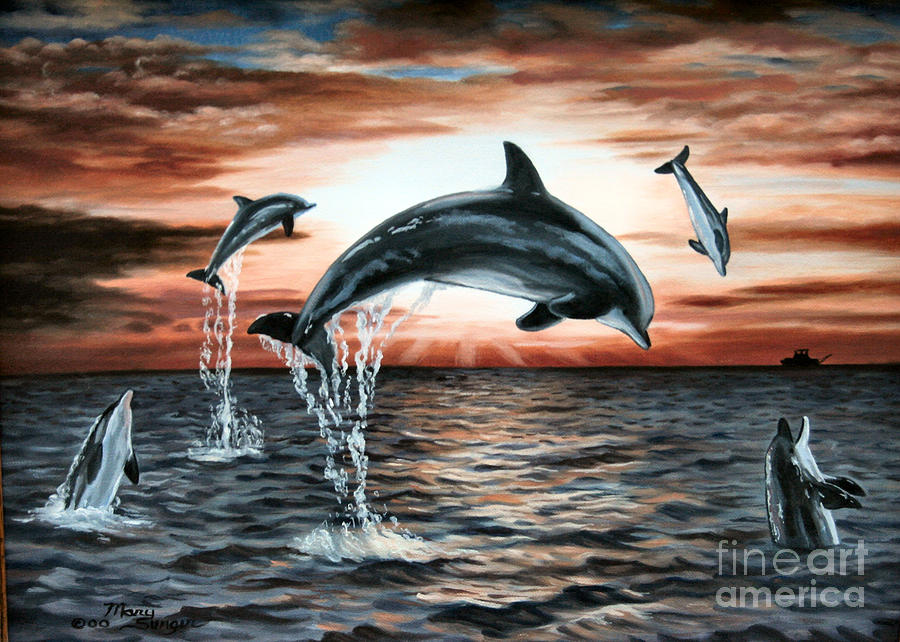 Dolphin Painting - Dolphin Sunset by Mary Singer