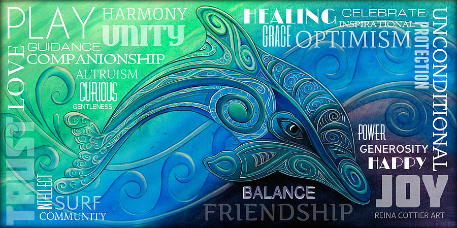 Dolphin Totem Wordart Painting by Reina Cottier