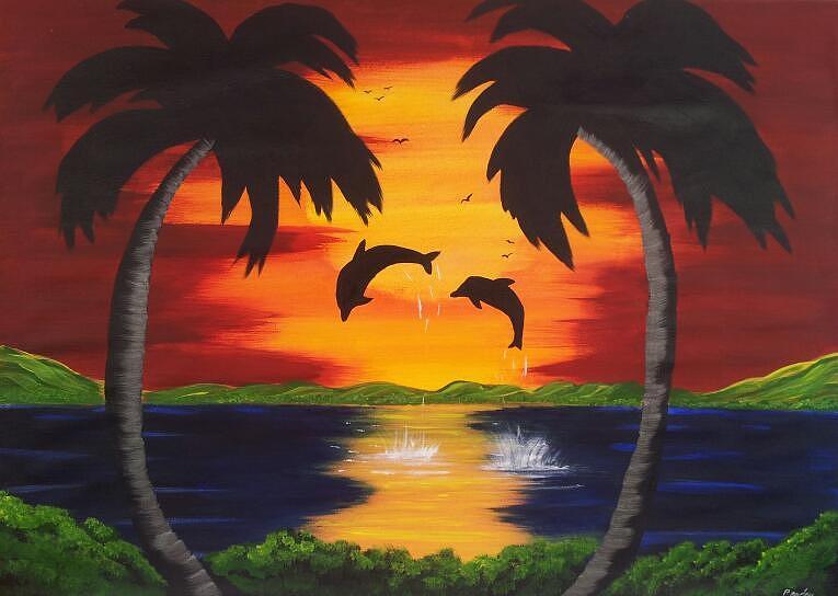 ocean sunset with dolphins and palm trees