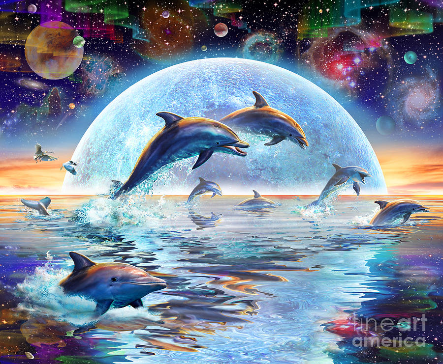 Fish Digital Art - Dolphins by Moonlight by MGL Meiklejohn Graphics Licensing