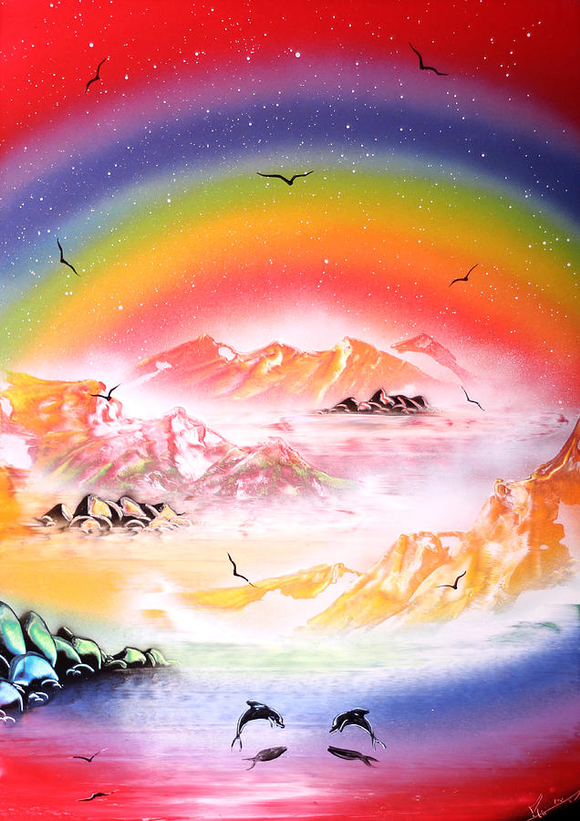 Dolphin Painting - Dolphins play under the Rainbow by Ronny Or Haklay