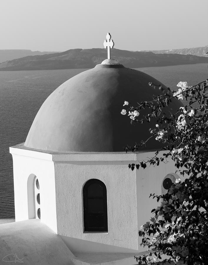Greek Photograph - Dome and Flowers by Claudia Aragon