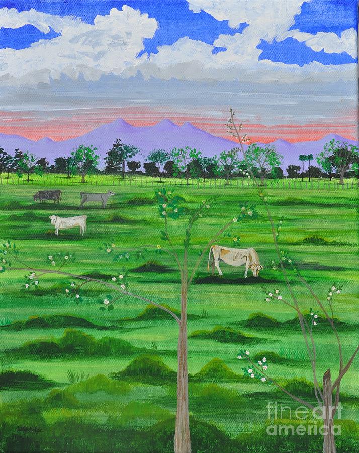 Cow Painting - Dominican Republic Farm by Sally Tiska Rice