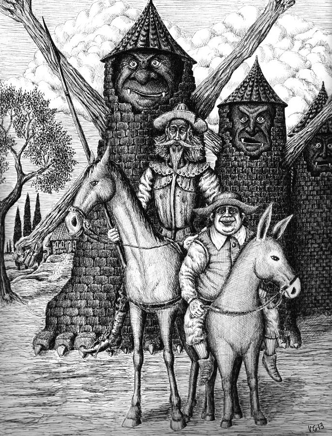 Black And White Drawing - Don Quixote and Sancho Panza by Vitaliy Gonikman