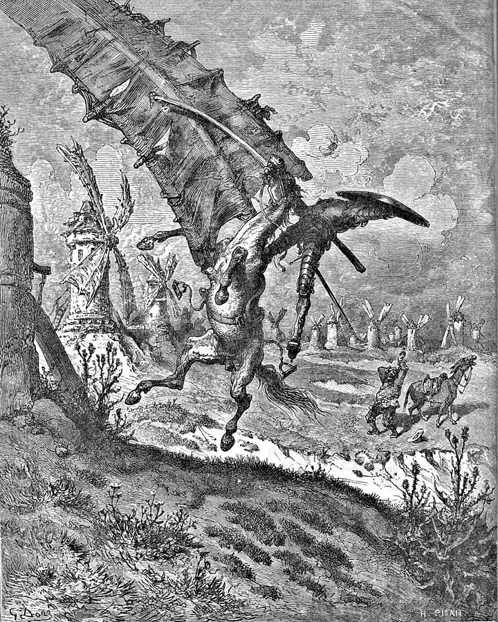 Gustave Dore Drawing - Don Quixote Attacks the Windmill Engraving by Gustave Dore