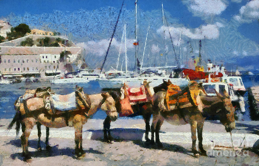 Donkeys waiting for a ride Painting by George Atsametakis