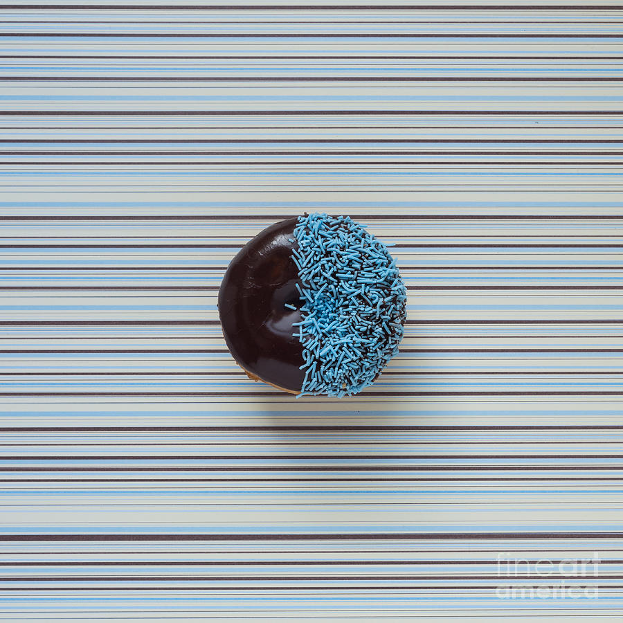 Donut Photograph - Donut With Chocolate Frosting And Blue Sprinkles On A Striped B by Gillian Vann