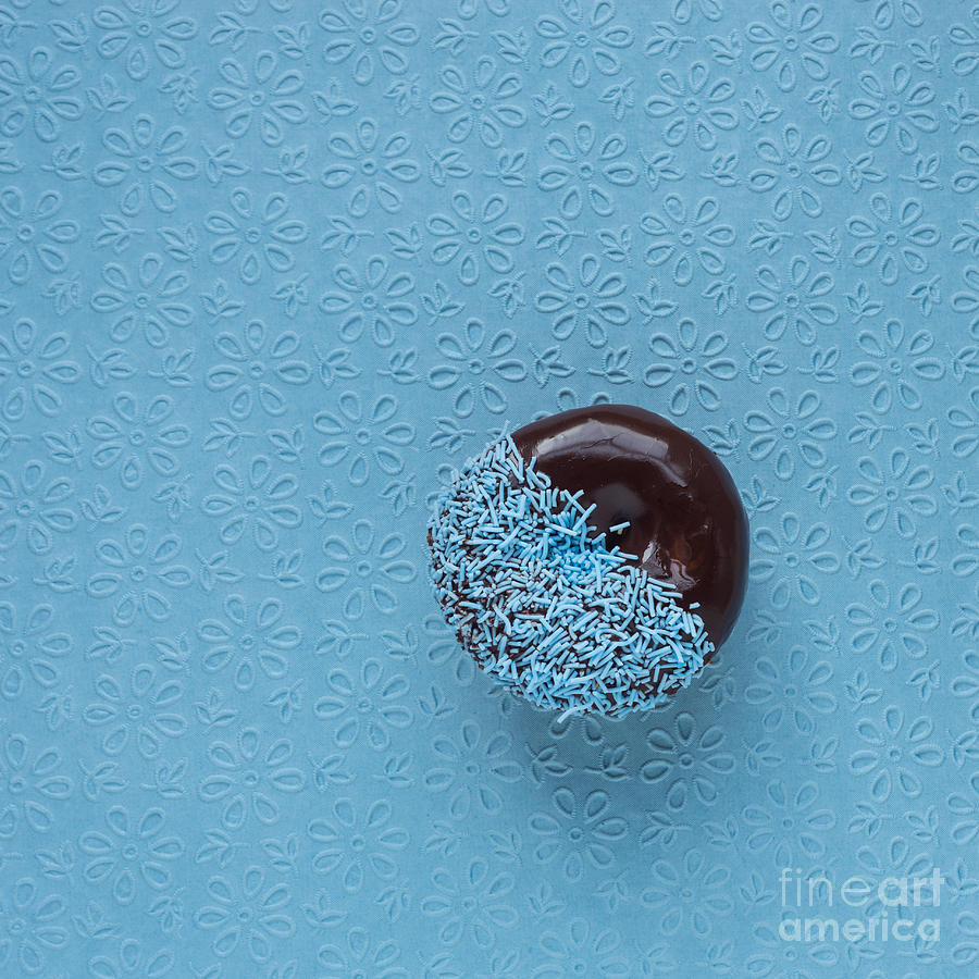 Donut Photograph - Donut With Chocolate Icing And Blue Sprinkles On Textured Bg by Gillian Vann