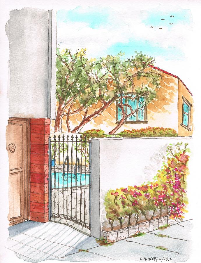 Door and pool in Horn Drive, Hollywood Hills, California Painting by Carlos G Groppa