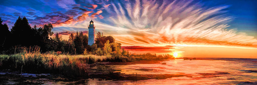 Door County Cana Island Lighthouse Sunrise Panorama Painting by Christopher Arndt