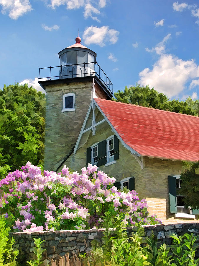 Door County Eagle Bluff Lighthouse Lilacs Painting by Christopher Arndt