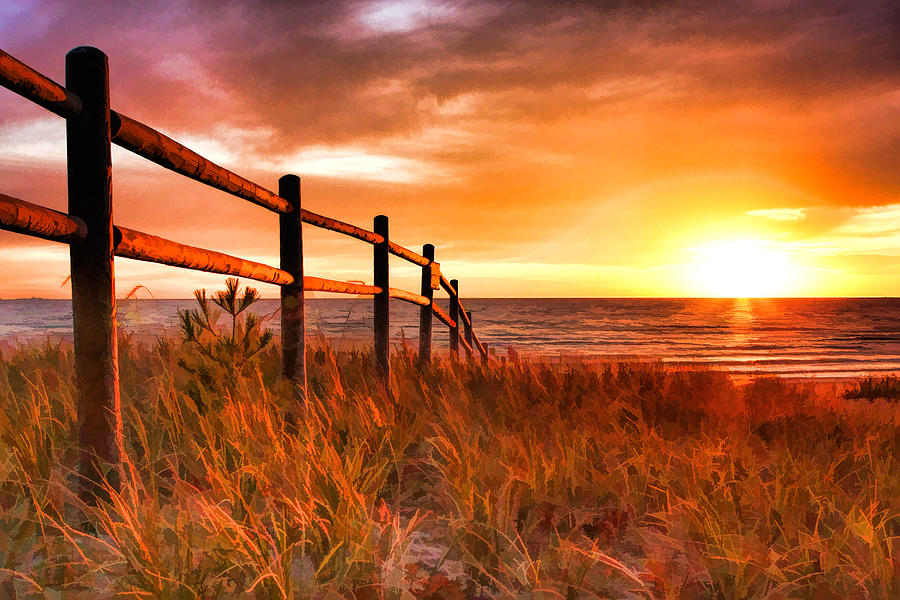 Door County Europe Bay Fence Sunrise Painting by Christopher Arndt