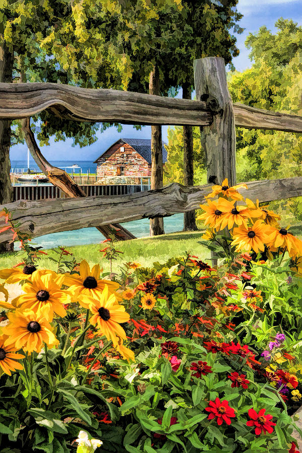 Door County Historic Anderson Dock Fence and Flowers Painting by Christopher Arndt