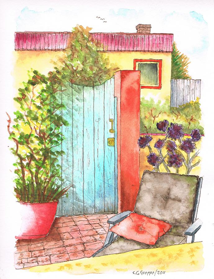 Door with an orange pillow in Venice Channels, California Painting by Carlos G Groppa