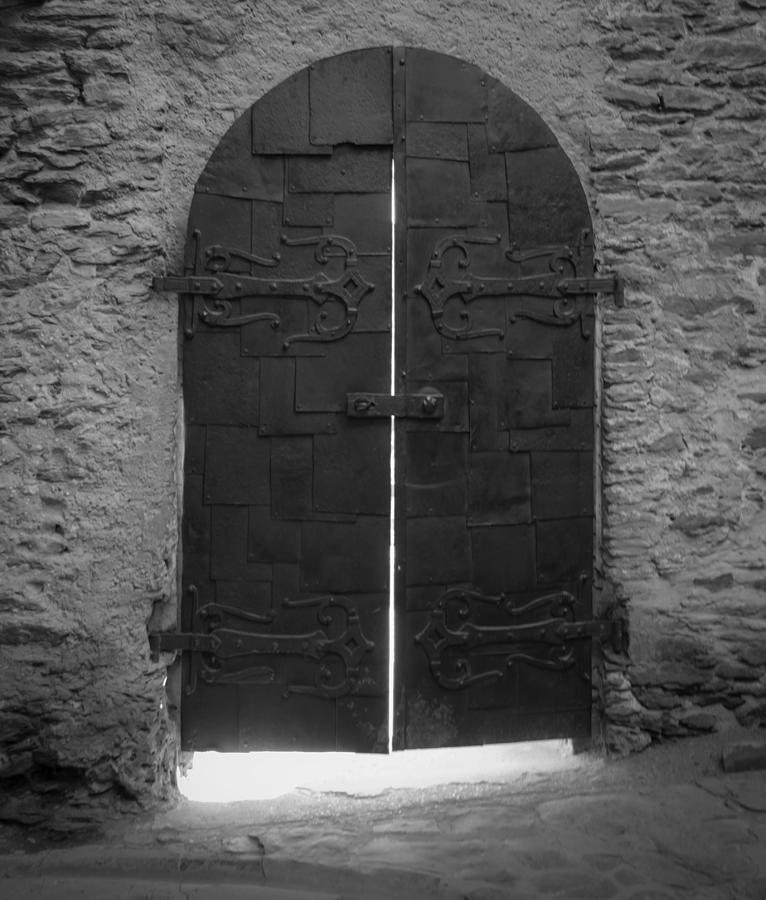 Romanesque Photograph - Doors at Marksburg Castle 03 B W by Teresa Mucha