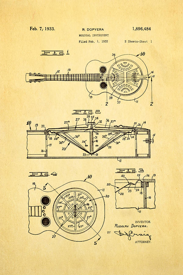 Music Photograph - Dopyera Dobro Guitar Patent Art 1933 by Ian Monk