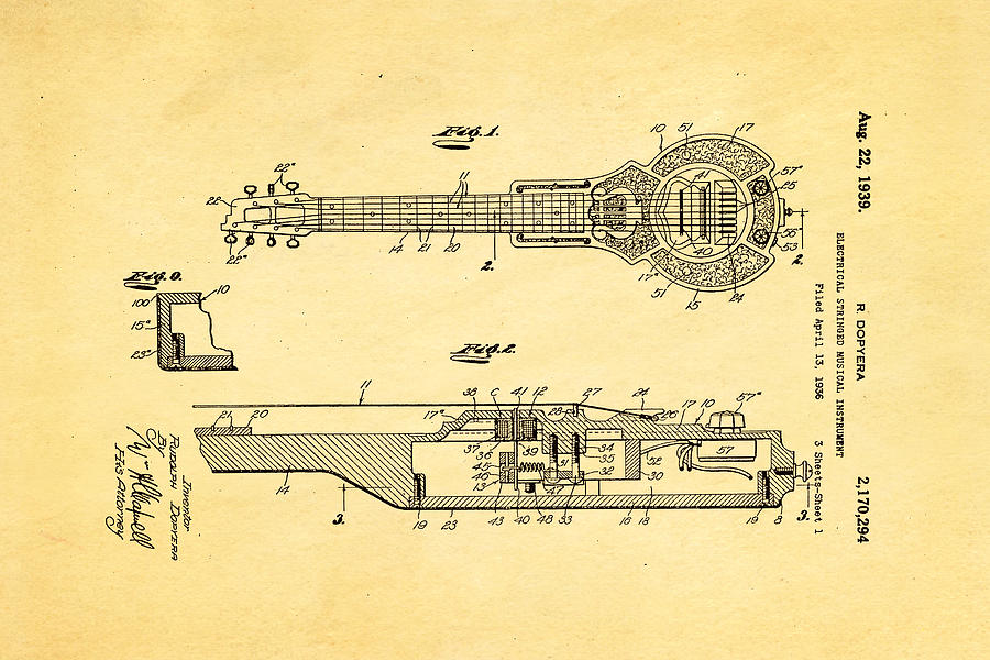 Music Photograph - Dopyera Dobro Hawaiian Lap Steel Guitar Patent Art 1939 by Ian Monk