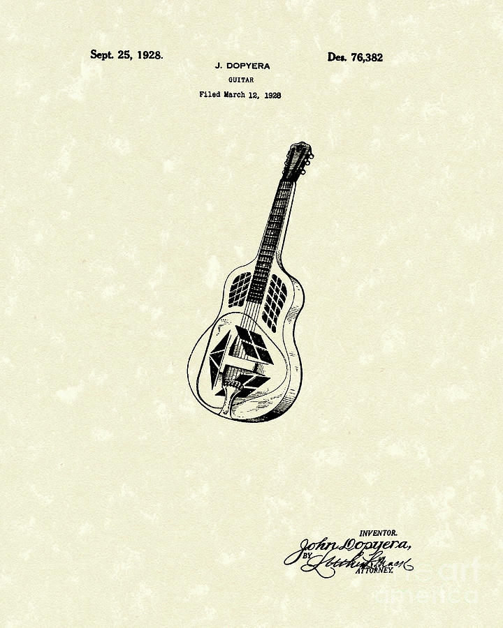 Dopyera Guitar 1928 Patent Art Drawing by Prior Art Design