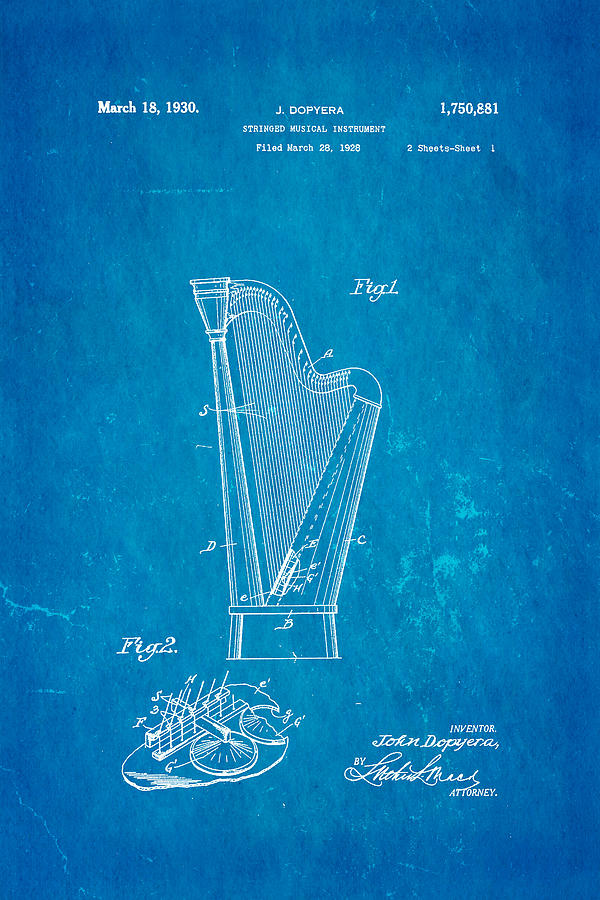 Music Photograph - Dopyera Harp Patent Art 1930 Blueprint by Ian Monk