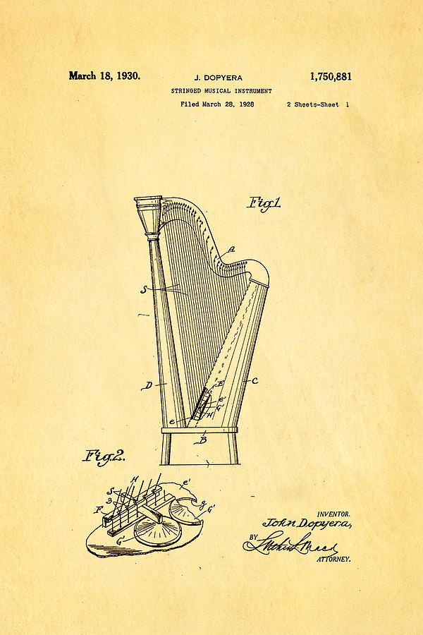 Music Photograph - Dopyera Harp Patent Art 1930 by Ian Monk