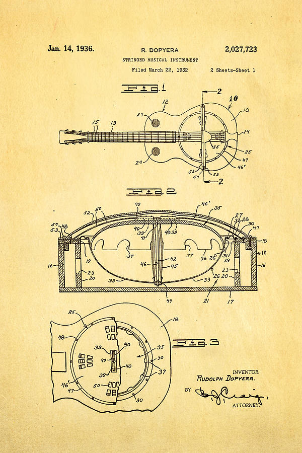 Music Photograph - Dopyera Resonator Guitar Patent Art 1936 by Ian Monk