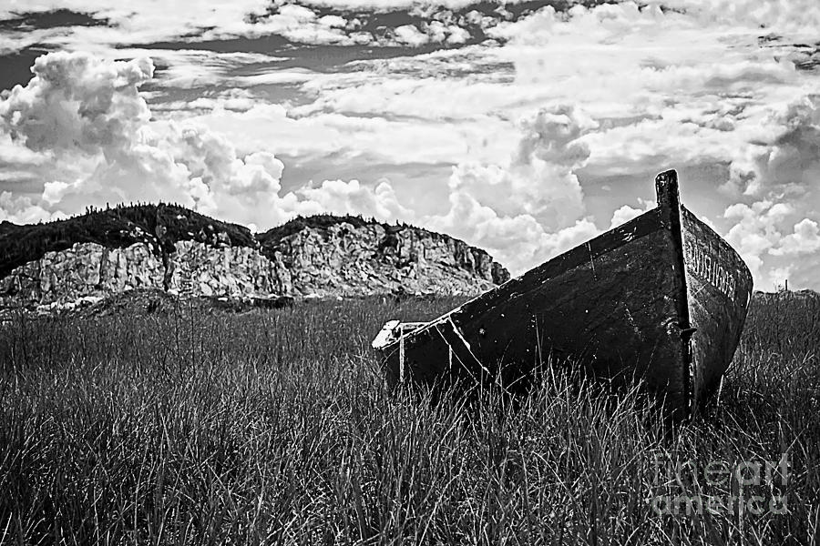 Black And White Photograph - Dory Fishing Boat Ashore by Miss Dawn