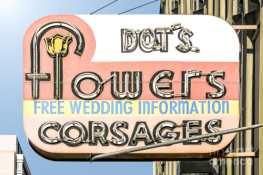 Flower Photograph - Dots Flowers and Corsages Vintage Neon Sign In Las Vegas Nevada by John Wayland