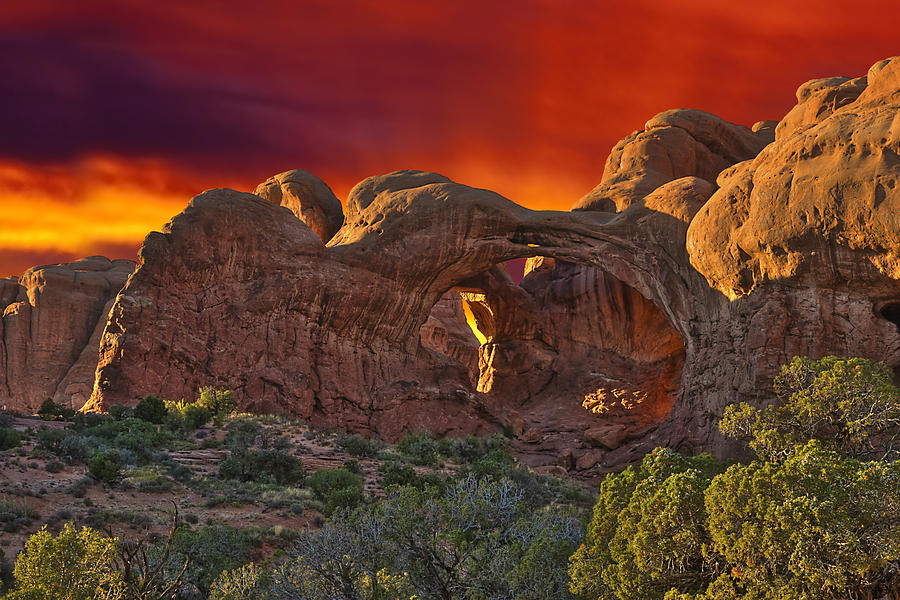 Double Arch with Red Sky Photograph by Greg Wells