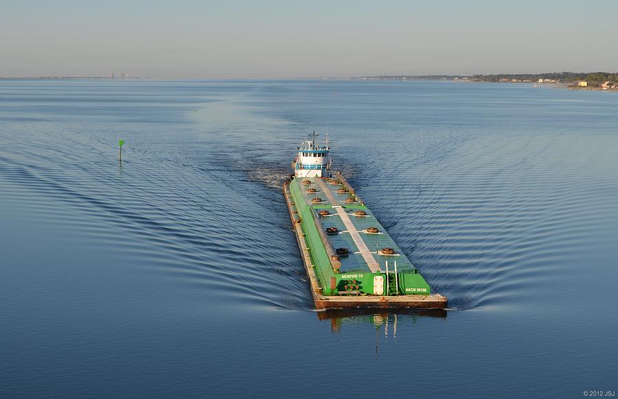 Double Barge on Calm Santa Rosa Sound from Navarre Bridge at Sunrise Photograph by Jeff at JSJ Photography