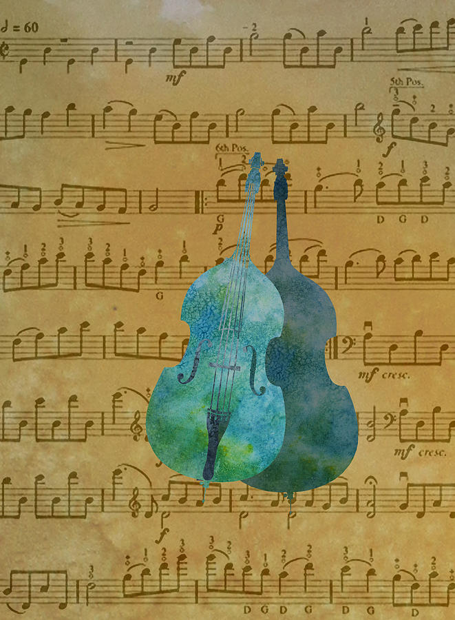 Music Mixed Media - Double Double Bass on Score by Jenny Armitage