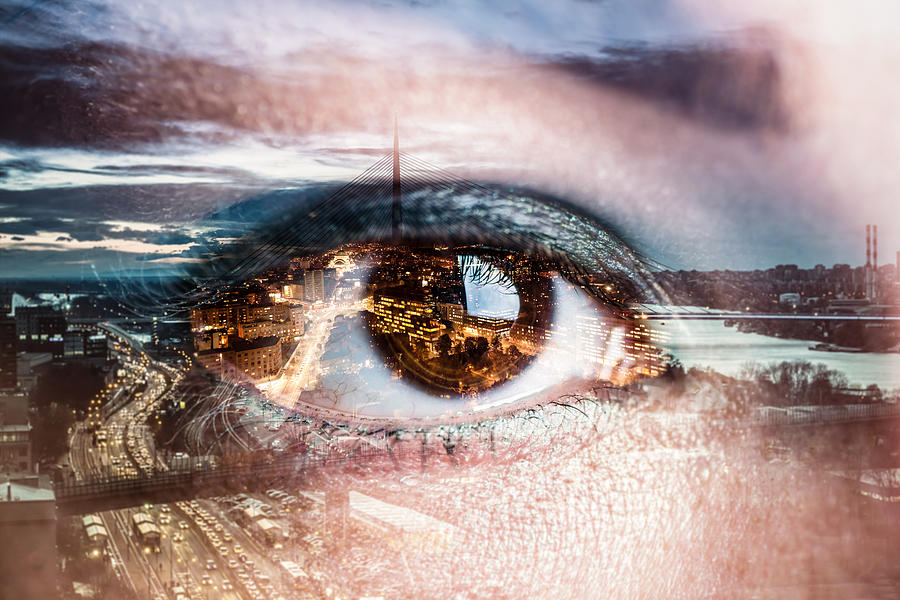 Double exposure image of an eye with city Photograph by Dziggyfoto