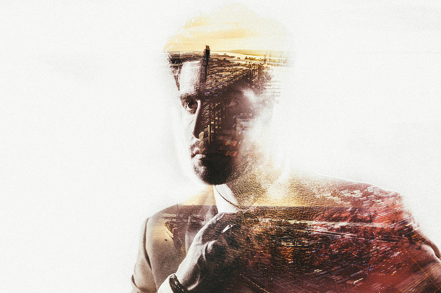 Double exposure of businessman and port city with subtle colour Photograph by Wundervisuals