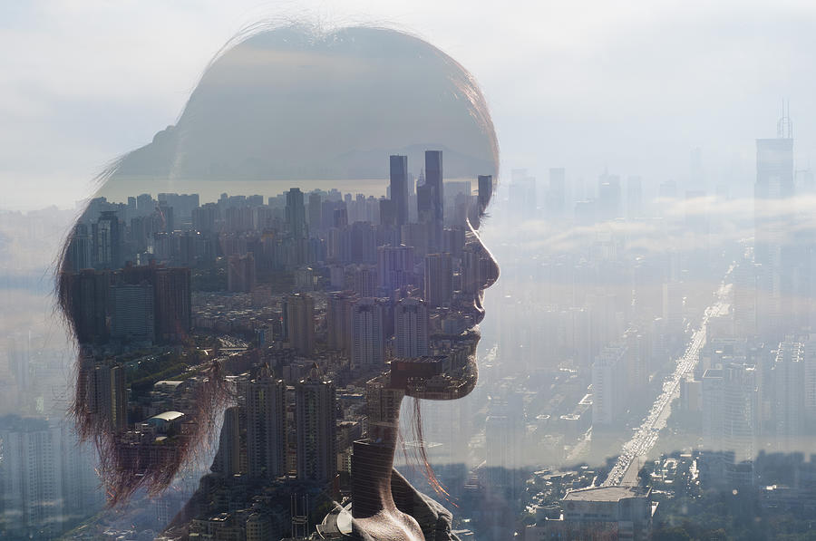Double Exposure Of Young Woman And Cityscape Photograph by Jasper James