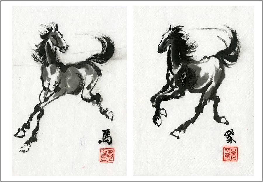 Double Horses Painting by Ping Yan