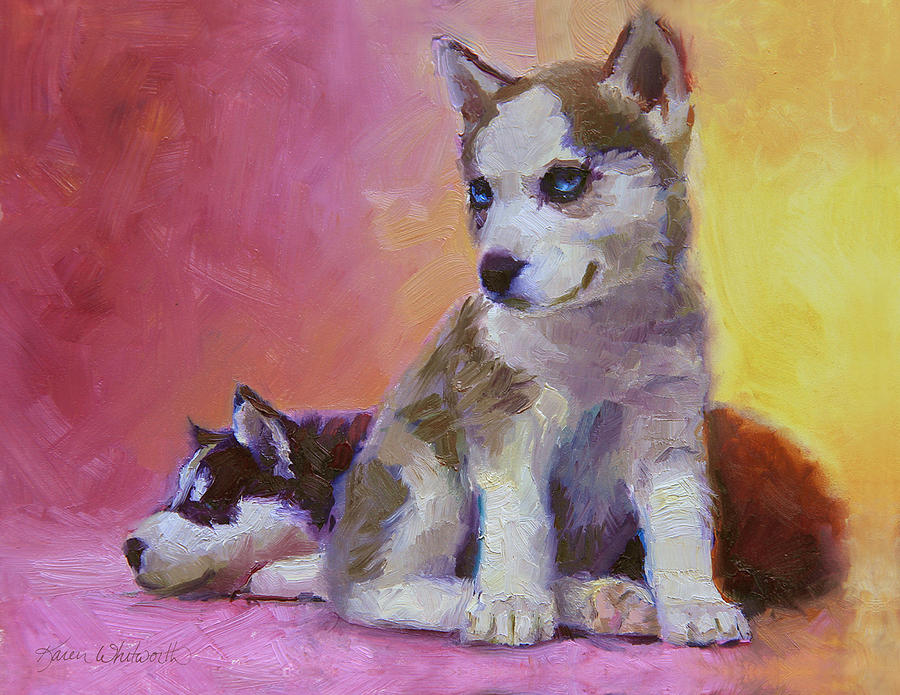 Husky Painting - Double Trouble - Alaskan Husky Sled Dog Puppies by K Whitworth