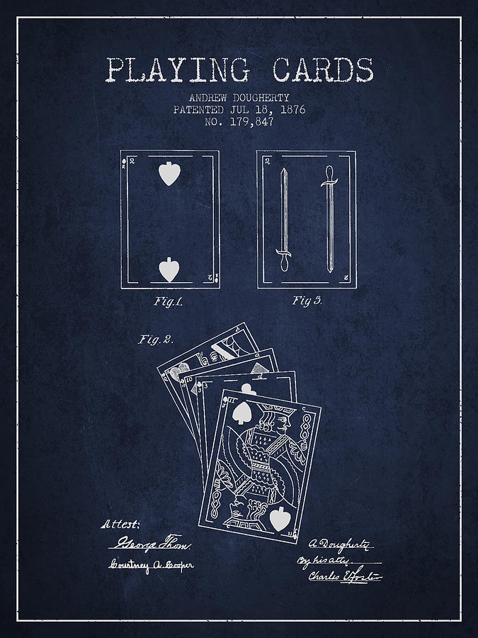 Las Vegas Digital Art - Dougherty Playing Cards Patent Drawing From 1876 - Navy Blue by Aged Pixel