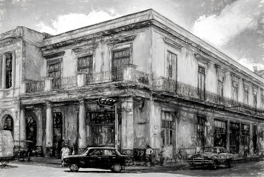 Down On The Corner - Havana BW Painterly - V4 Photograph by Les Palenik