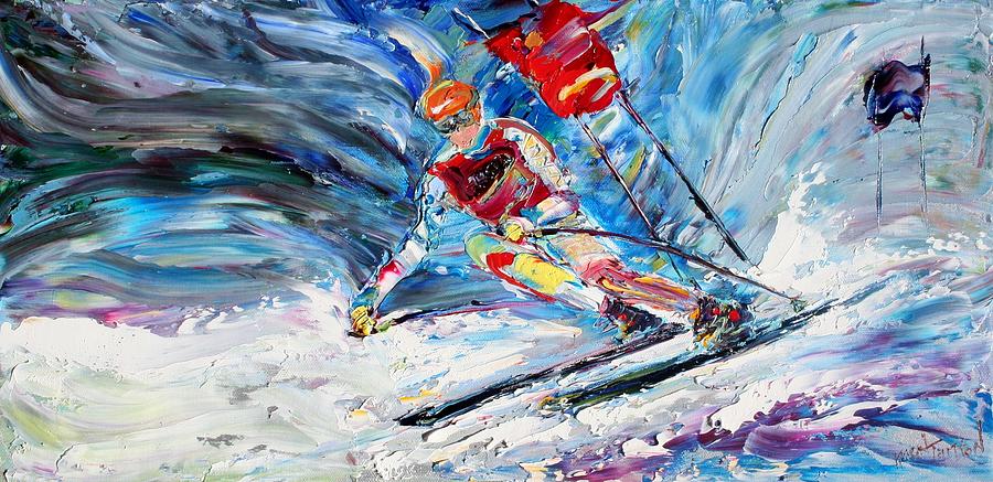 Winter Painting - Downhill Ski Racer by Karen Tarlton